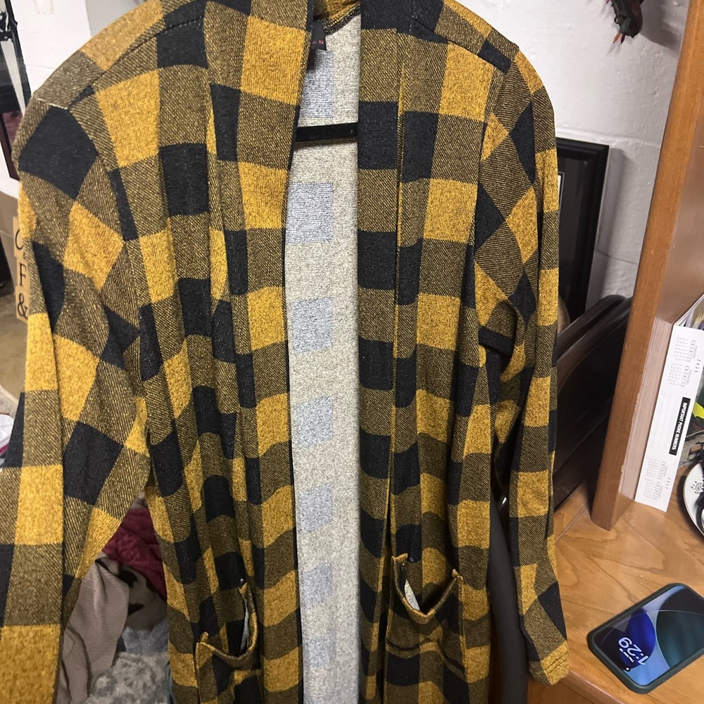 Mustard Yellow & Black Buffalo Plaid Open Cardigan